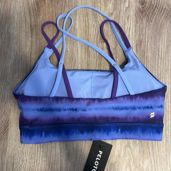 Peloton SWL Ally Love Purple Tie Die Stripe Cadent Strappy Bra & 7” Bike Short